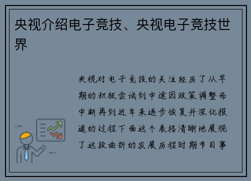 央视介绍电子竞技、央视电子竞技世界